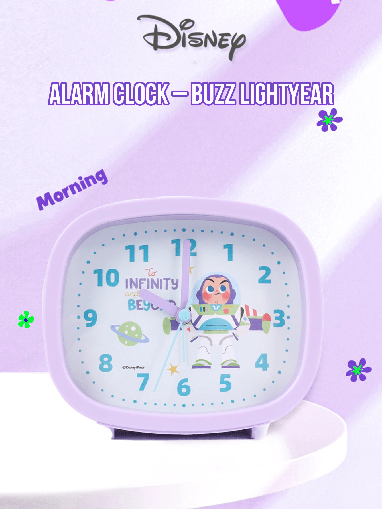 Buzz  Square Alarm Clock, Official  Merch, Silent Non-Ticking, Soft Night Glow, Battery Operated, Ideal for Everyone, Bedroom Decor & Birthday Gift, Travel-Friendly Desk Clock, Fun Spaces Time, Ferials Button
