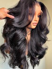 Uveous 13x4 Body Wave Lace Front Wigs Human Hair Pre Plucked 200 Density HD Transparent Lace Frontal Wigs Human Hair For Women Glueless Wigs Human Hair With Baby Hair 24Inch Natural Looking Long Curly Wig For Women, Daily & Party Wear, Highdensity Hairpiece - Natural Black - 查看 1