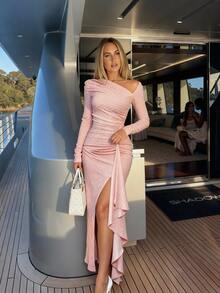 Đầm ôm body đuôi cá dệt kim tay dài cổ bất đối xứng thanh lịch dành cho nữ, thích hợp dự tiệc - Bụi hồng - Xem 3