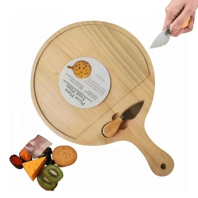 1 pieza, Bandeja de bambú para pizza, Tablero de pizza premium con asa, Tablero de servicio de pizza natural, tabla de corte de madera para pizza casera, cortar frutas y verduras, pan, queso y tabla de servicio, Suministros de cocina, accesorios