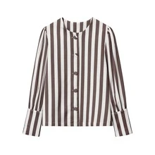 Women's Button Front Long Sleeve Striped Casual Shirt Spring - Brown and White - View 3