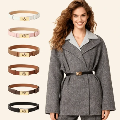 1pc Women's Adjustable Size Gold Buckle Belt, Suitable For Jeans, Casual Wear, Jackets, Dresses, Daily Use, Bohemian PU Leather Cross-Grain Belt For Everyday Outings