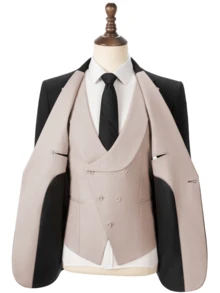 Men's Suits Slim Fit 6 Piece Suits For Men Double Breasted Suit With Tie Brooch Pocket Square Wedding Suits Jacket Vest Pants Tuxedo Suit Set(Suits+Pants+Vest+Tie+Brooch+Pocket Square)For Business Dinner Wedding Party, Suitable For Formal Occasions, Perfect Gift For Business Professionals Spring/Summer/Fall, Formal Attire|Sleek Formal Attire|Nonstretch Fabric - 黑-米色 - 查看 2