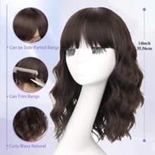 女士短款波浪卷发假发，带刘海，金色渐变挑染，棕色短卷发，齐肩长度，耐热纤维合成假发，适合日常、派对或角色扮演使用。 - 黑棕色 - 查看 2