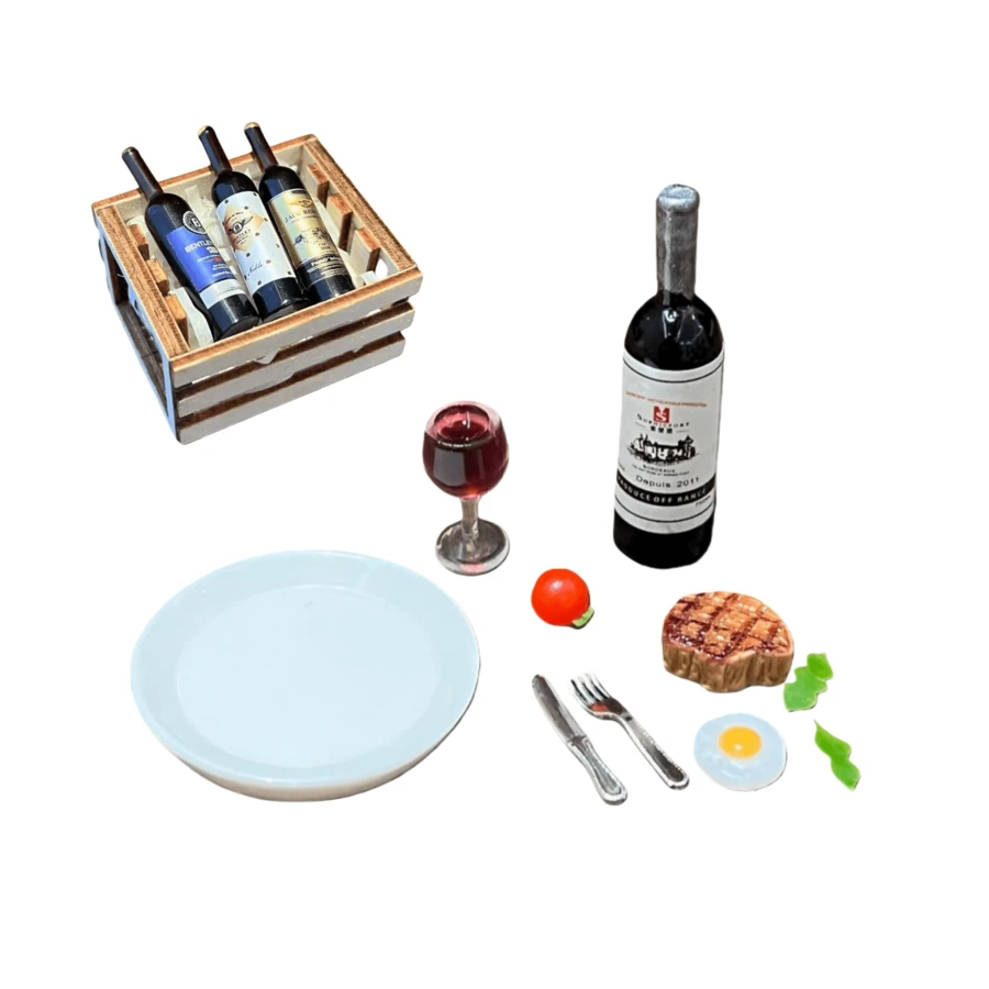 Miniature Dollhouse Set With Red Wine And Steak, Miniature Landscape Props, 1:12 Scale Mini Wine Bottle Model, And Multiple Dollhouse Accessories! The Perfect Choice For A Festive Atmosphere! (Note: Wine Style And Pattern Are Random.) - Multicolor - View 1
