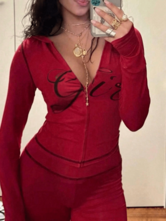 Women's Autumn Long Sleeve Hooded Sweatshirt Set, Zipper Design, "Girl" Letter Print, Comfortable Sweatpants, Suitable For Travel And Outdoor, Autumn Casual Outfit