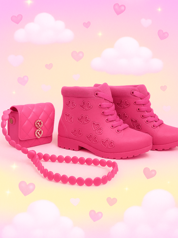 Kit Bota e Bolsa Infantil Menina Feminino Rosa Botinha Infantil e Bolsinha