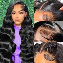 Uveous 13x4 Body Wave Lace Front Wigs Human Hair Pre Plucked 200 Density HD Transparent Lace Frontal Wigs Human Hair For Women Glueless Wigs Human Hair With Baby Hair 24Inch Natural Looking Long Curly Wig For Women, Daily & Party Wear, Highdensity Hairpiece - Natural Black - 查看 4