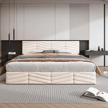 Cama tapizada, cama doble, cama con función hidráulica, terciopelo, estilo a rayas, cama continental, cabecero ajustable en altura, 140 x 190, gris - Beige + Terciopelo + 160 cm x 200 cm - Ver 4