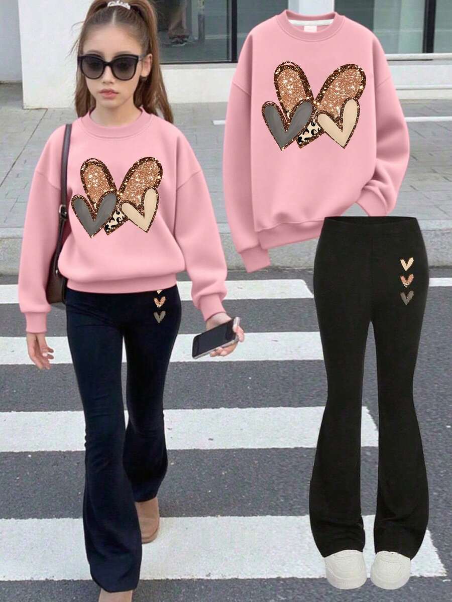 2pcs Set Teen Girl Heart - Element Set, Comfortable Fabric, Spring & Autumn Street Activity & Daily Style - Pink - View 1