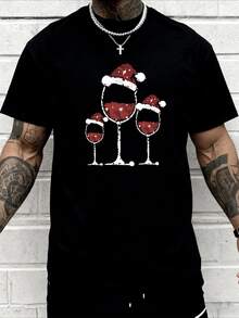 Urbana Camiseta de Manga Corta para Hombre con Vasos de Vino con Sombrero Papá Noel, Estilo Festivo para Amantes del Vino, Corte Moderno, Ideal para Navidad y Fiestas de Vino, 220 g 100 % Algodón, Fresca y Duradera,  Urbana - Negro - Ver 4