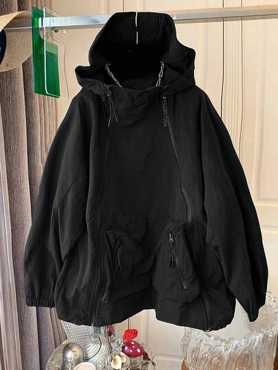 欧式休闲运动拉链口袋连帽风衣女款春秋季外套