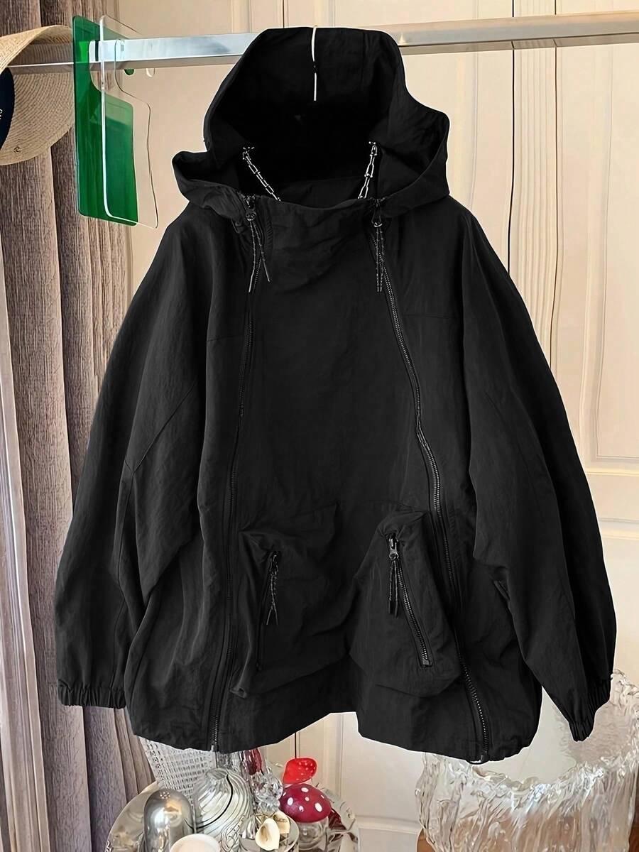 欧式休闲运动拉链口袋连帽风衣女款春秋季外套 - 黑色 - 查看 1