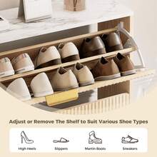 A Shoe Cabinet With Three Flip-Top Drawers, Featuring A Recessed Design, Suitable For The Entryway; A Freestanding Wooden Shoe Cabinet In A Natural Oak Color. - 原木色 - 查看 2