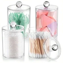 1PC Clear Storage Box ,Cotton Swab Holder Dispenser For Cotton Swabs, Cotton Balls, Cotton Pads, Floss Sticks - Small Clear Plastic Jar Medicinal Bottle Set, Bathroom Essentials Accessory Decorative, Dresser Makeup Organizer - Multicolor - View 1