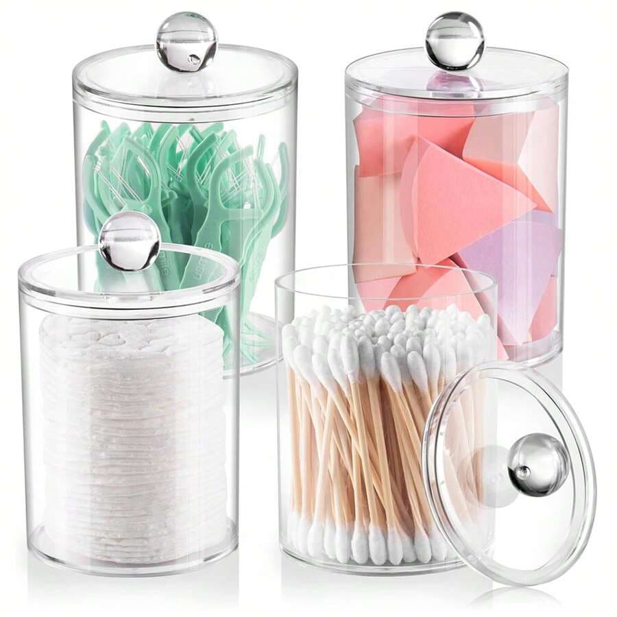 1PC Clear Storage Box ,Cotton Swab Holder Dispenser For Cotton Swabs, Cotton Balls, Cotton Pads, Floss Sticks - Small Clear Plastic Jar Medicinal Bottle Set, Bathroom Essentials Accessory Decorative, Dresser Makeup Organizer - Multicolor - View 1
