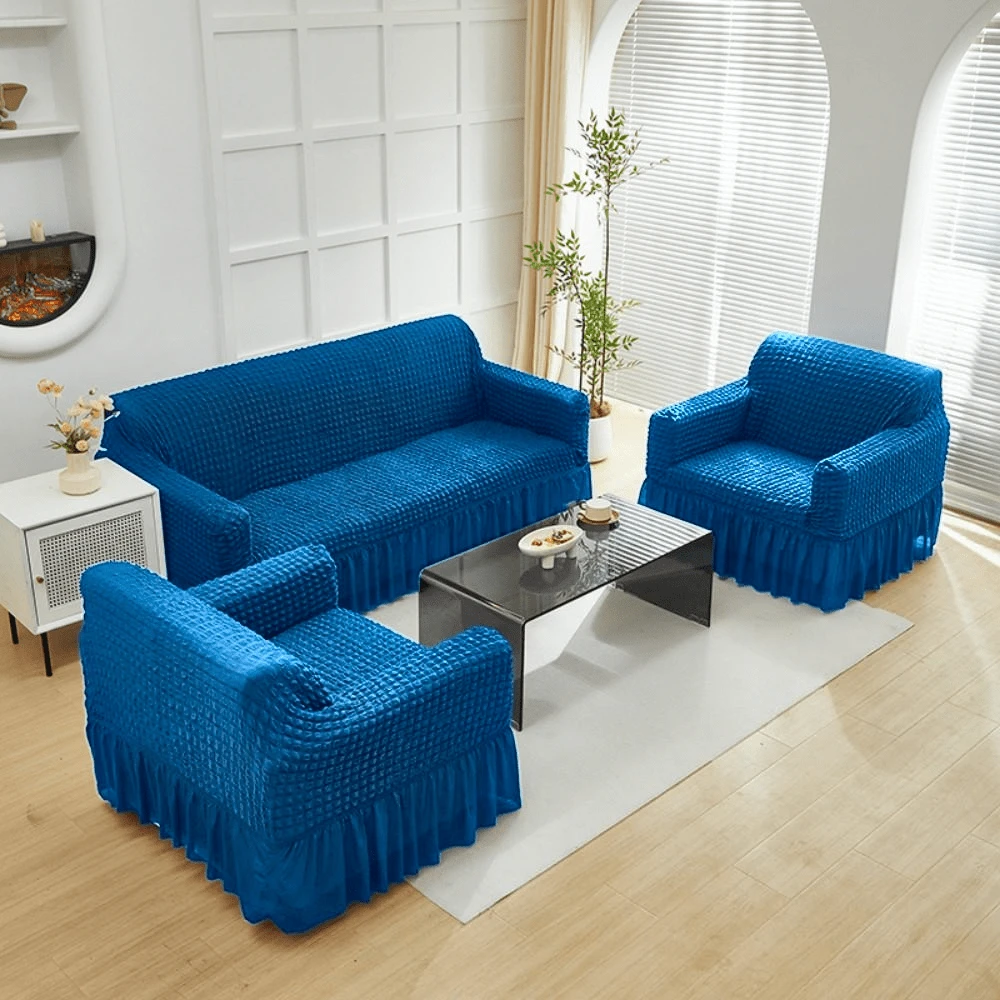 AMOROSA 3 Pieza Funda Cubre Sala con Falda Tipo Plumeti Funda de Sofá Lavable Elástica Fácil de Instalar Fundas para Sillones Sala  (1 plaza, 2 plazas, 3 plazas) Decoración Sala