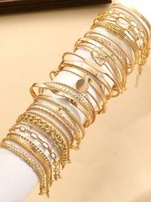 12pcs Simple Heart & Daisy Faux Pearl Bracelet Set, Women Holiday Date Gift, Casual Summer Accessory - Gold 4 - View 2