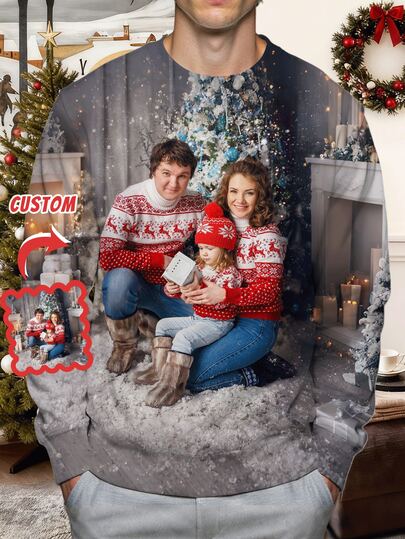 1pc Customizable Men's Crew Neck Pullover Sweatshirt, Upload Custom Photo, 2D All-Over Print, Personalized Men's Casual Pullover Sweatshirt, Long Sleeve Sweatshirt, Christmas Outfit, Men's Winter Wear, Make A Special Christmas Gift For Friends And Family