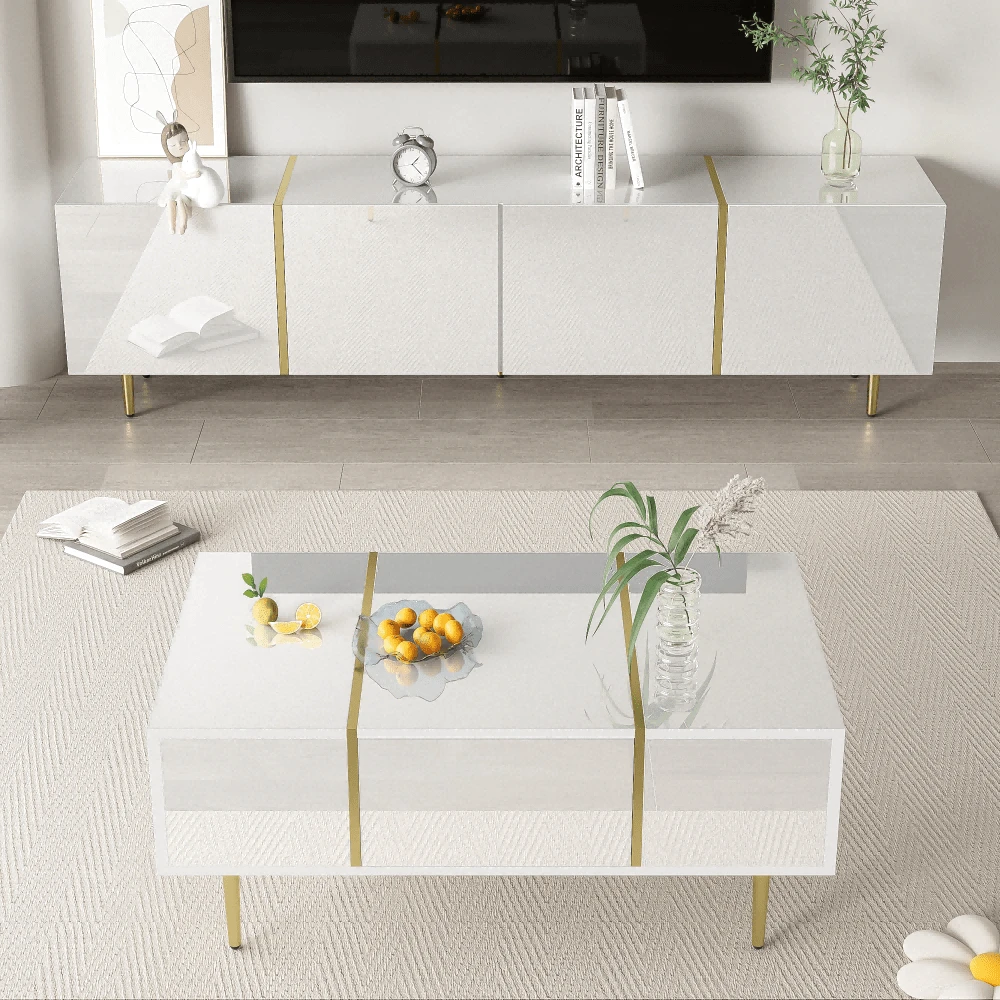 Modern White And Black TV Unit With Tea Table Set - White - View 1