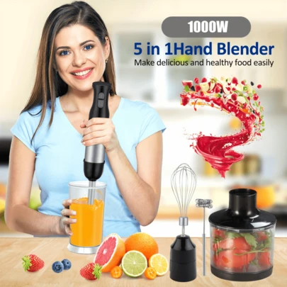 Licuadora, batidora de inmersión, set de batidora de mano 5 en 1, que incluye batidora de mano multifuncional, batidor de huevos, picadora y vaso, adecuado para procesar alimentos y mezclar comida para bebés.
