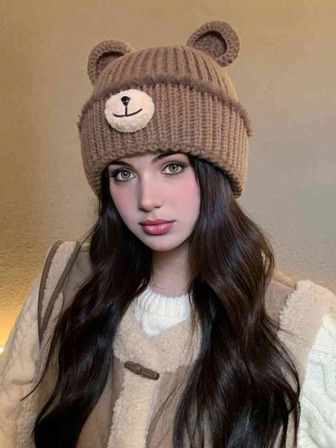 1pc Women's Knit Hat, Casual Cute Bohemian Elegant Korean Style Cute Bear Design Hat, Windproof Warm Knitted Hat, Sweet Versatile Thick Beanie