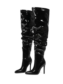 Women's Knee High Boots Patent Leather Pointed Toe Stiletto Heel Boots With Side Zipper Sexy Fashion Boots Prom Party Boots For Halloween Christmas - Da bóng màu đen - Xem 3