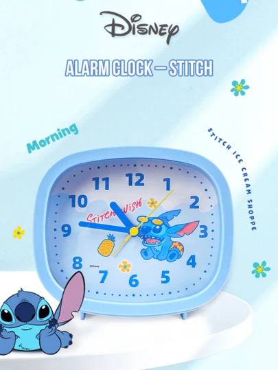 史迪奇方形闹钟，莉萝与史迪奇静音床头钟，超大铃声，“向星星许愿”表盘，柔和奶油色夜灯，电池供电，可爱外星人设计，适合所有人，是幼儿/儿童/青少年/学生的理想之选，开学季唤醒训练器，操作简便，静音设计，适合睡眠，卧室装饰和生日礼物，旅行便携桌面钟，易于设置的大按钮时间学习工具，可爱收藏品