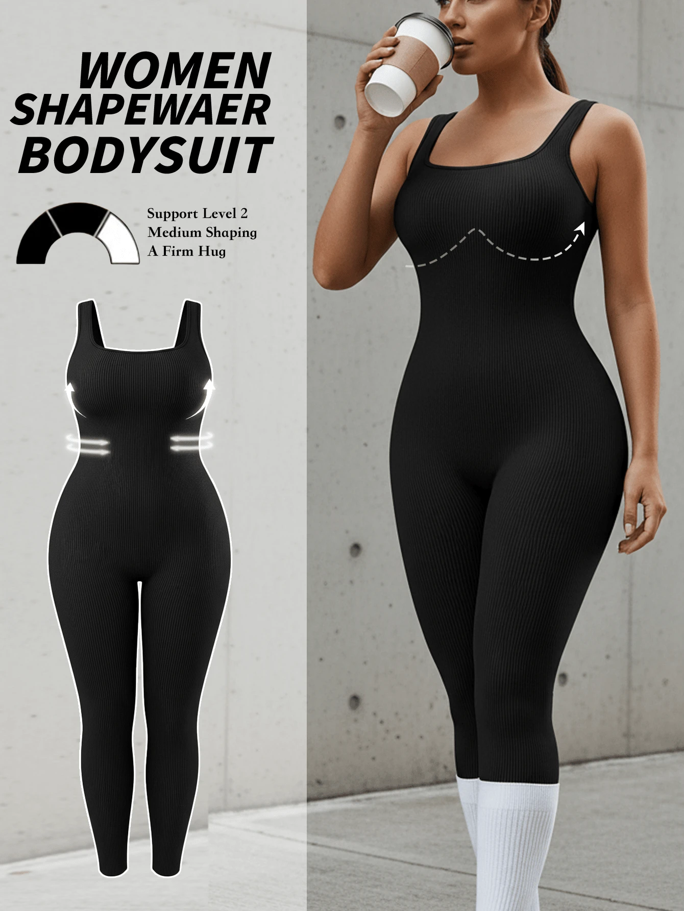 Oillpretty Women's Sleeveless Bodysuit, Solid Color Seamless Design, Tummy Control Lift Butt Shaping Piece - Black - View 1
