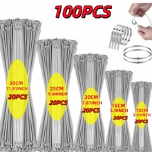 Conjunto de 100 abraçadeiras de aço inoxidável de alta resistência em tamanhos variados - À prova de ferrugem, com travamento automático, resistentes à corrosão e ferrugem, duráveis em aço inoxidável 304, brancas, pacote combinado, abraçadeiras multiuso com travamento automático, adequadas para máquinas, veículos, revestimento de tubos de escape e uso externo. - Pacote com 100 unidades (4/6/8/10/12 polegadas) - Ver 10