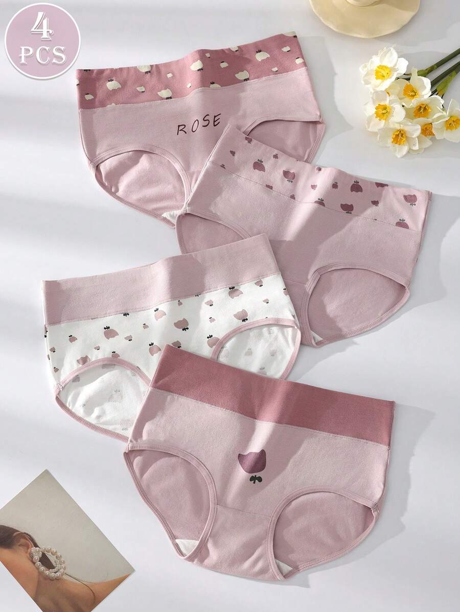 4条装女士高腰印花纯棉三角裤，弹性透气内裤