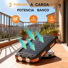 Cargador portátil de alta capacidad de 20000 mAh con batería externa solar y linterna LED; doble salida USB de 5 V; ideal para teléfonos móviles, dispositivos móviles, viajes y acampadas como batería externa de respaldo; celda solar, batería externa solar, panel solar integrado, cargador USB solar, fuente de alimentación para acampadas, batería externa de viaje; diseño compacto, cargador ligero, batería de alta capacidad, construcción duradera, puertos USB duales, cargador solar; ideal para campistas y excursionistas, uso de emergencia. - Naranja Coral - Ver 2
