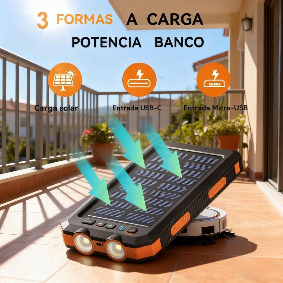 Cargador portátil de alta capacidad de 20000 mAh con batería externa solar y linterna LED; doble salida USB de 5 V; ideal para teléfonos móviles, dispositivos móviles, viajes y acampadas como batería externa de respaldo; celda solar, batería externa solar, panel solar integrado, cargador USB solar, fuente de alimentación para acampadas, batería externa de viaje; diseño compacto, cargador ligero, batería de alta capacidad, construcción duradera, puertos USB duales, cargador solar; ideal para campistas y excursionistas, uso de emergencia.