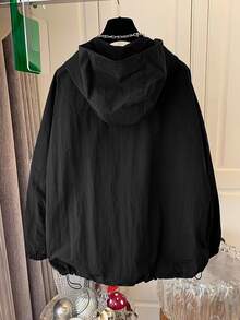 欧式休闲运动拉链口袋连帽风衣女款春秋季外套 - 黑色 - 查看 2