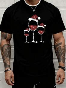 Urbana Camiseta de Manga Corta para Hombre con Vasos de Vino con Sombrero Papá Noel, Estilo Festivo para Amantes del Vino, Corte Moderno, Ideal para Navidad y Fiestas de Vino, 220 g 100 % Algodón, Fresca y Duradera,  Urbana - Negro - Ver 3