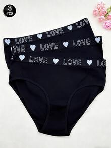 3pcs Women's Solid Color Mid-Rise Briefs, Elegant Letter Print, Stretchy Knit Fabric, Multiple Colors Available - Black - View 2