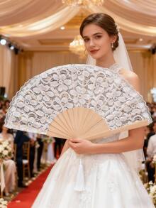 1pc Lace Fan, Foldable Spanish Wooden Lace Fan, Bridal Hand Fan, Souvenir, Photography Prop, Suitable For Various Festivals And Parties - Multicolor - View 3