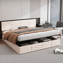 Cama tapizada, cama doble, cama con función hidráulica, terciopelo, estilo a rayas, cama continental, cabecero ajustable en altura, 140 x 190, gris - Beige + Terciopelo + 160 cm x 200 cm - Ver 5