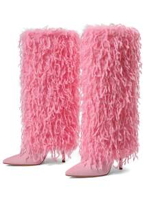 Fur Knee High Boots For Woman Stiletto Heeled Women's Boots  Furry Half Boots Wide Calf Pointed Toe Long Winter Boots - 粉色 - 查看 8