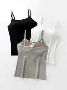3 Pcs Women's Pajamas,Built-In Bra,  Bottoming Vest T-Shirt, Seamless Design, Yoga And Casual Layering Undershirt - 黑色+白色+灰色 - 查看 2