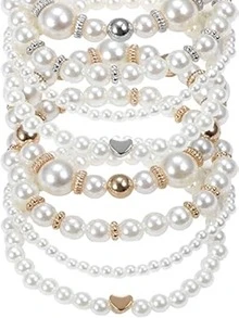 Set de 8 piezas de pulseras elegantes y vintage con cuentas de perlas falsas de ABS, adecuadas para uso diario, fiestas, banquetes, gran regalo para familiares y amigos