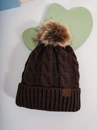 1pc Pom Pom Knit Beanie, Thick Knitted Hat Unisex For Men & Women, Outdoor Cold Weather Cap, Stylish Brimless Hat, Y2K Style