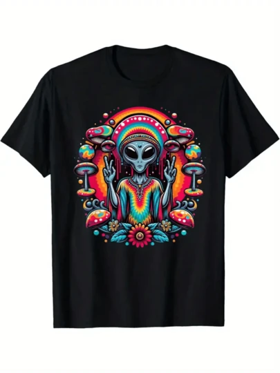 Figura psicodélica de alienígena con túnica multicolor rodeado de hongos y flores que simbolizan paz unión y conexión cósmica camiseta de hombre 100% algodón cómoda y ideal para expresar energía positiva