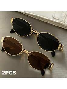 2pcs Women's Metal Frame Oval Fashionable Glasses, Suitable For Daily Wear For Summer Beach Vacation,Outdoor,Travel - Multicolor - View 5