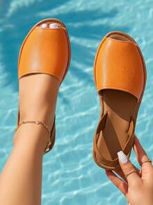 planare 女士时尚休闲度假风PU露趾套脚舒适轻便圆头凉鞋，橙色和多色，平底夏季凉鞋 - 橘子多色 - 查看 4