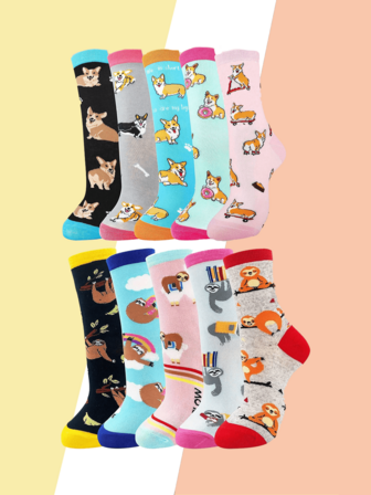 5 Pairs Of Women's Sloth Socks Corgi Socks, Women's Socks, Fun And Cute Socks, Women's Gifts