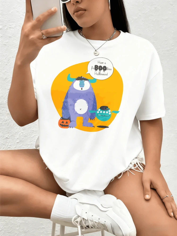 Camiseta de mujer, top corto, opciones de color negro y blanco, estampado de monstruo de Halloween, camiseta gráfica, diseño de dibujo animado lindo, ropa de, atuendos casuales de verano para mujeres, camisetas gráficas, tops cortos para mujeres, tops para mujeres, ropa vintage de algodón linda, atuendos de Navidad para mujeres, vestidos elegantes de mujer, camisetas de verano, tops gráficos, atuendos de verano para mujeres, camisetas gráficas, tops cortos para mujeres, tops para mujeres, ropa vintage de algodón linda, atuendos de Navidad para mujeres, vestidos elegantes de mujer - Blanco - Añade 8