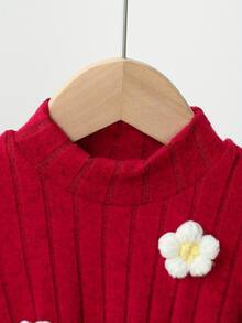 Vestido casual de niña de tela roja sólida con decoración de flores coloridas en 3D - Rojo - Ver 6