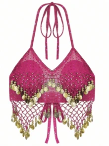 Women's Backless Crop Top With Sequins, Beads, Tassels And Tie, Short Midriff Belly Dance Top, Bohemian Style, Festival Belly Dance Performance Costume, Dance Wear, Belly Dance Outfit, Fairy Accessories, Bodysuit, Mask, Cleopatra, Egyptian Belly Dance Costume - Multicolor - View 17