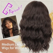 女士短款波浪卷发假发，带刘海，金色渐变挑染，棕色短卷发，齐肩长度，耐热纤维合成假发，适合日常、派对或角色扮演使用。 - 黑棕色 - 查看 3